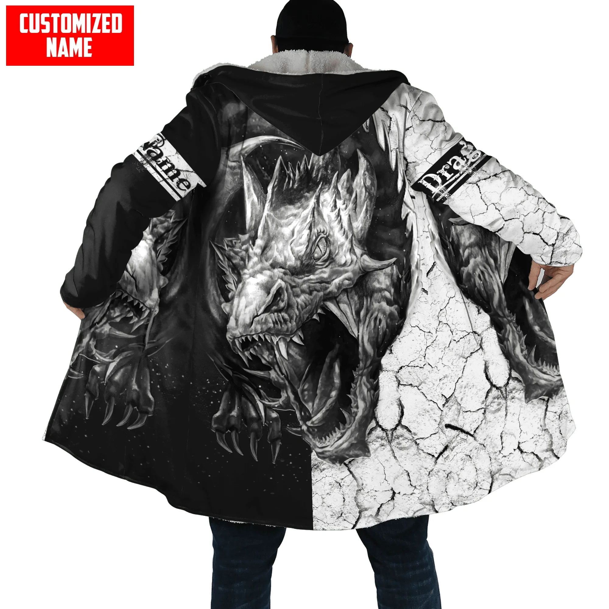 Capa de invierno a la moda para hombre, capa con capucha de lana gruesa con estampado 3D de tatuaje de dragón con nombre personalizado, capa cálida informal Unisex DP33 - imagen 5