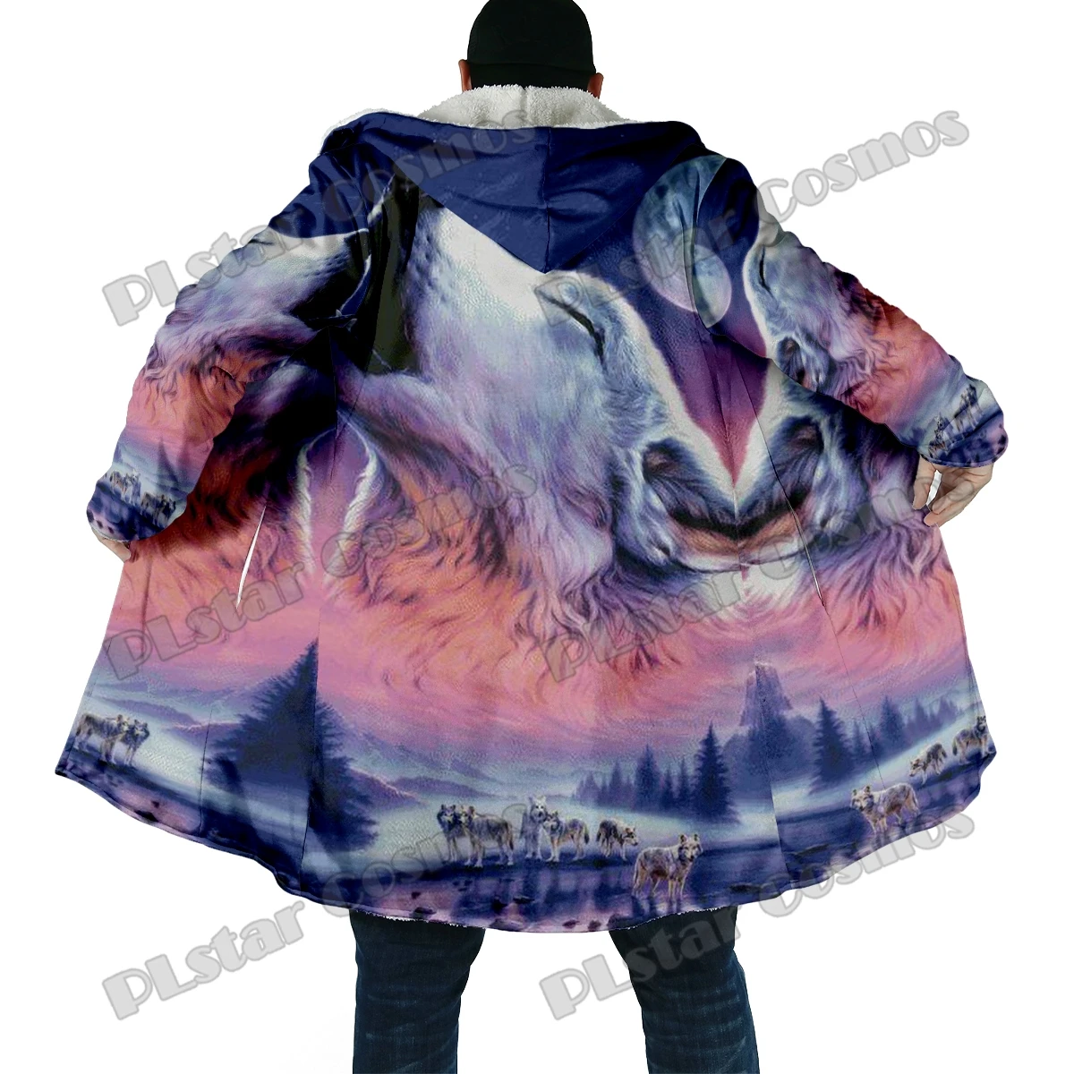 Capa con capucha de lana estampado 3D lobo púrpura unisex - imagen 5