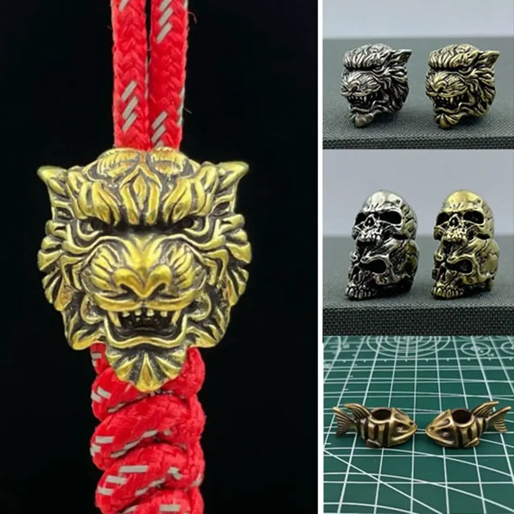 Escultura hecha a mano, cuentas de latón, dijes Retro, Tigre, calavera de doble capa, cuentas de latón, accesorios de joyería DIY, cuentas de Paracord de animales - imagen 3