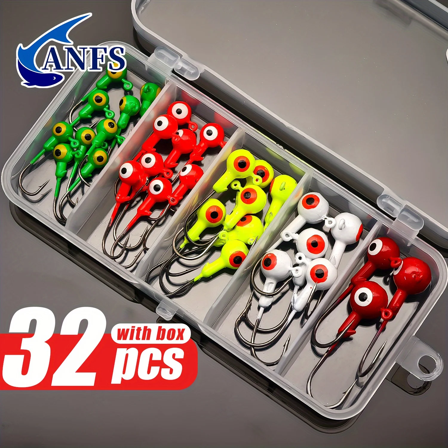ANFS Juego de anzuelos de pesca con peso afilado mejorado, Kit de anzuelos con cabezales de plantilla de plomo, tamaños surtidos con caja de señuelos, 32 Uds.