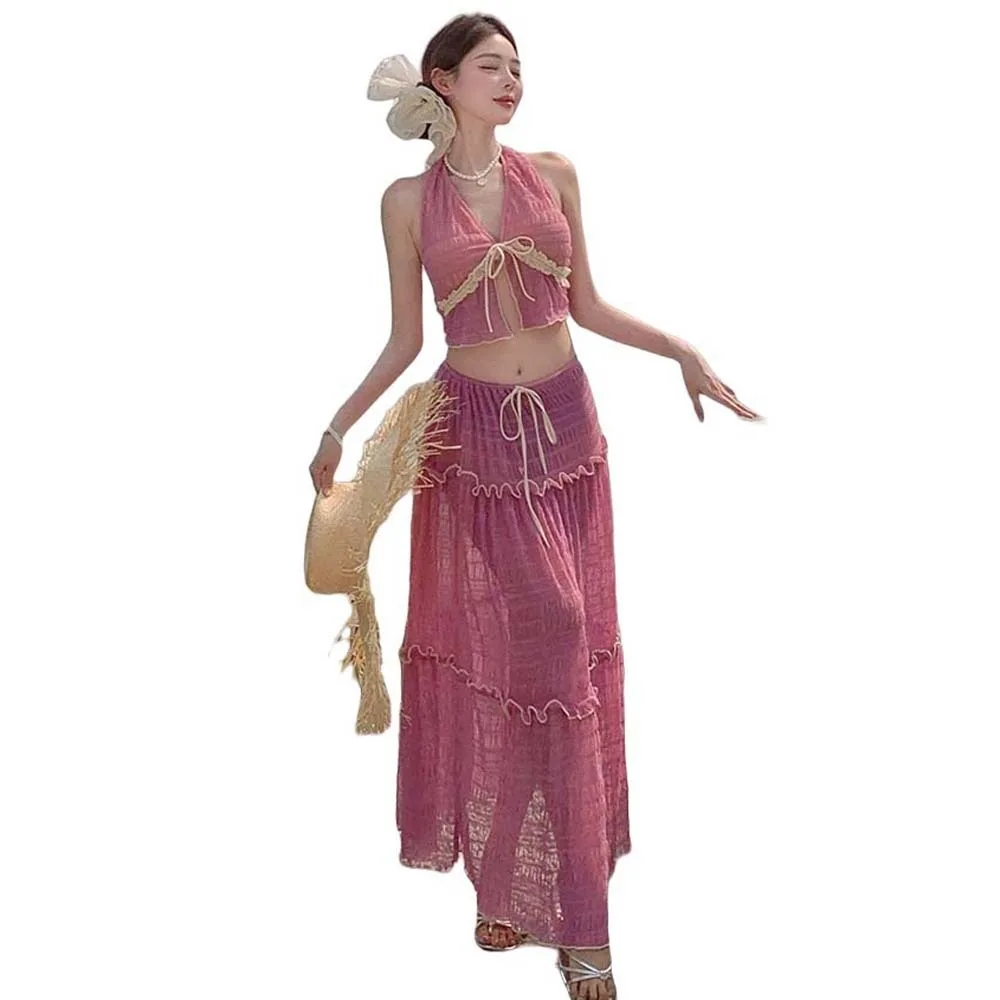 Bikini Halter traje de baño falda conjunto camisola colgante cuello en V falda larga traje de baño ropa de playa con volantes