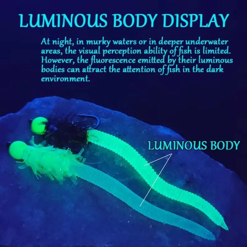 Diseño luminoso Lombrices de tierra simulados luminosos Efecto brillante Aspecto simulado Señuelos de pesca Material suave Gancho incluido