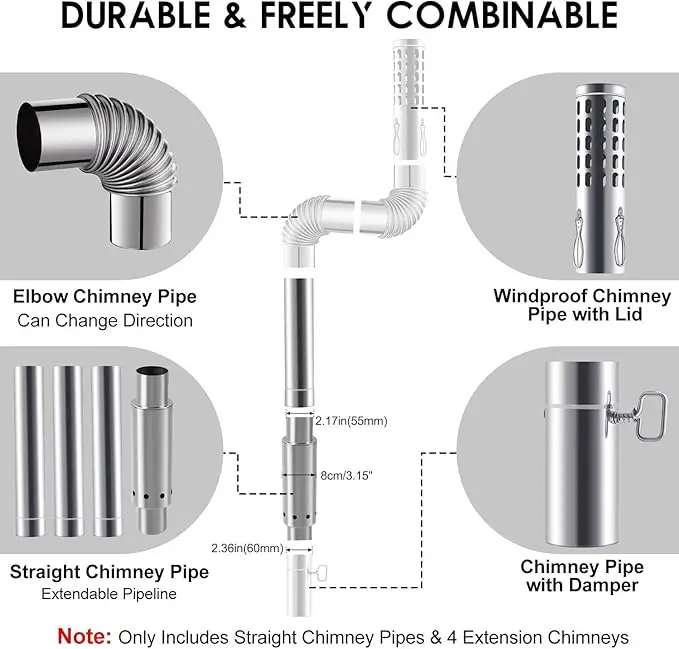 Change Moore-Juego de chimenea de combustión secundaria, 4 Uds., tecnología japonesa, estufa de leña sin humo, 1 Combustor, 3 extensiones, tienda de campaña caliente - imagen 4