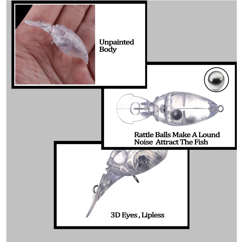 Chan'sHuang-Cebo en blanco 20 piezas sin pintar, 60mm, 5g, sonajero flotante, buzo poco profundo, Crankbait, señuelo de pesca Artificial artesanal - imagen 4