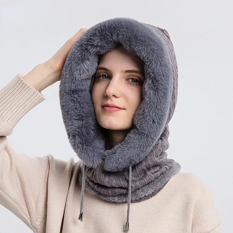 Gorro de piel para invierno, conjunto de máscara con capucha para mujer, cuello de Cachemira tejido, cálido, Rusia, esquí al aire libre, gorro a prueba de viento, gorros gruesos y esponjosos de felpa - imagen 4