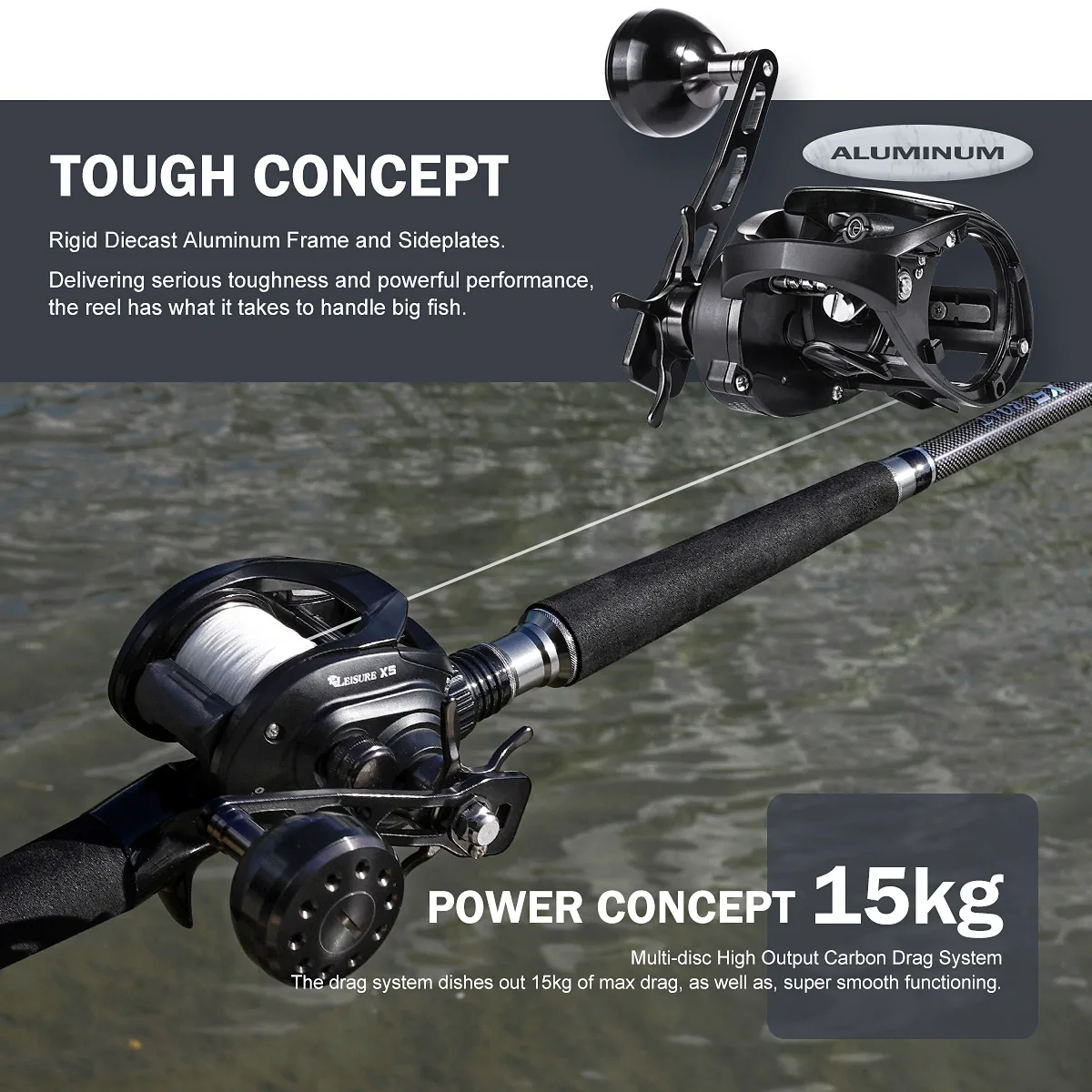 Noeby-carrete de pesca Baitcasting, arrastre máximo de 15kg, 6,4: 1, aluminio inoxidable, carretes de fundición de Lucio, engranaje de latón de gran capacidad, rueda redonda - imagen 3