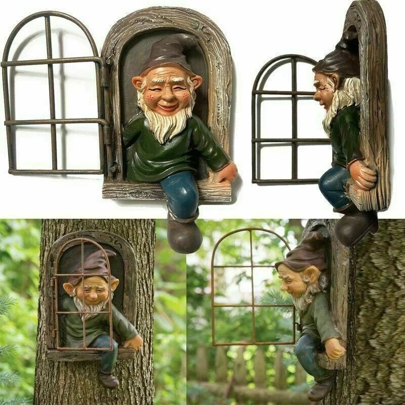 Elfo fuera de la puerta/ventana abrazador de árbol travieso jardín estatua de Gnomo decoración de árbol - imagen 3