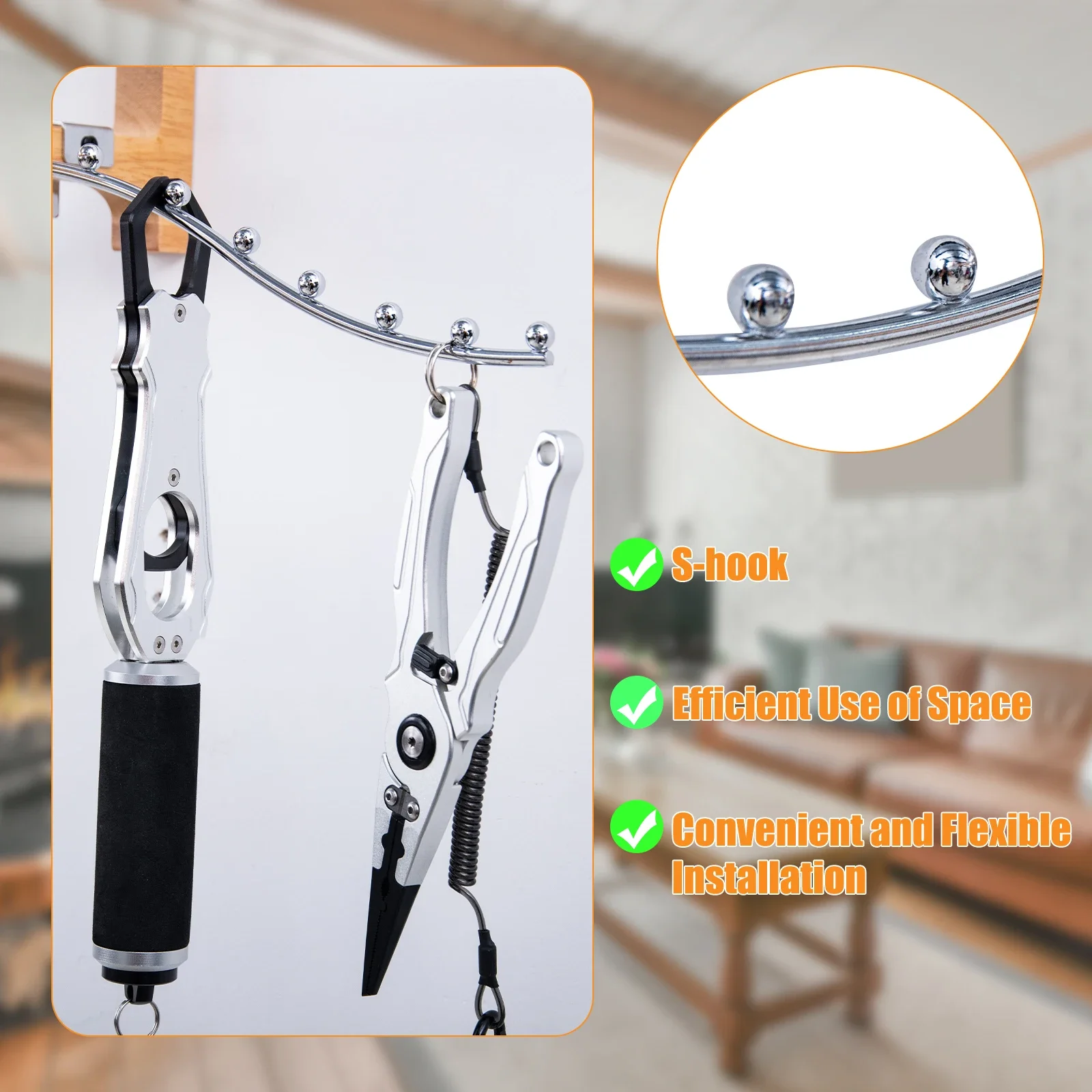 Goture Organizador de caña de pescar montado en la pared, estante de madera maciza con ganchos en S, montaje fácil que ahorra espacio, exhibición de almacenamiento de caña de pescar - imagen 4