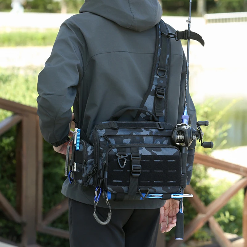 Bolsa de pecho con señuelo de pesca para hombre, mochila táctica para aparejos de pesca con soportes para caña, paquete Molle, bolsa para deportes al aire libre para acampar y senderismo - imagen 3