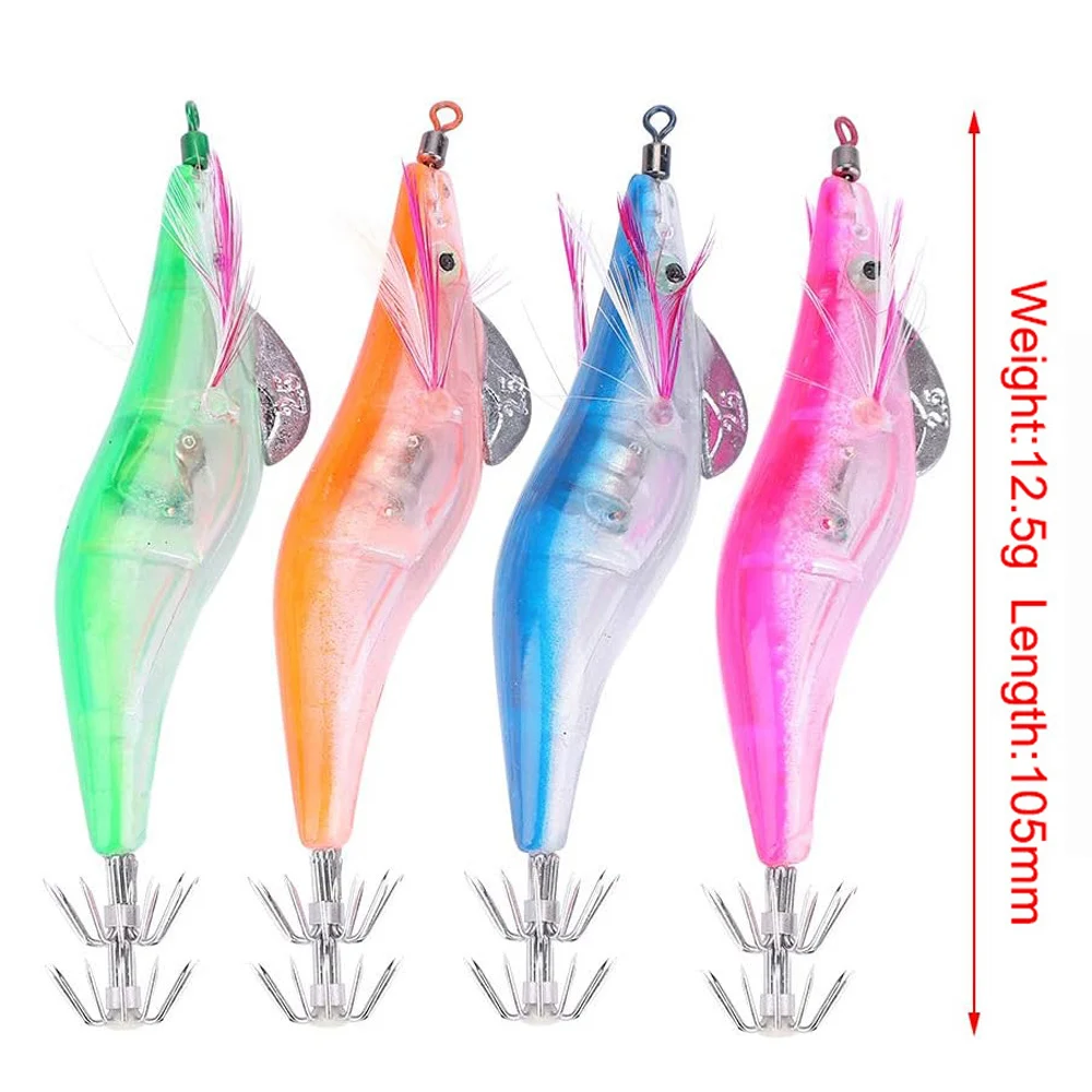 Señuelo electrónico de pesca de camarones, cebo duro luminoso de pulpo Artificial, 12,5g, 10,5 cm, anzuelos de calamar, aparejos nocturnos, 6 piezas - imagen 3
