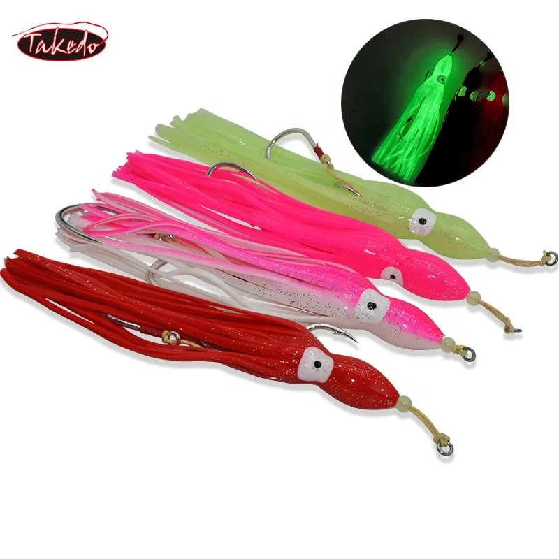 TAKEDO-Cebos de pulpo Señuelos de pesca de mar para pez vela de atún, señuelo suave de curricán, cebo de calamar con anzuelo de asistencia 8062 BK * 5/0 7/0,