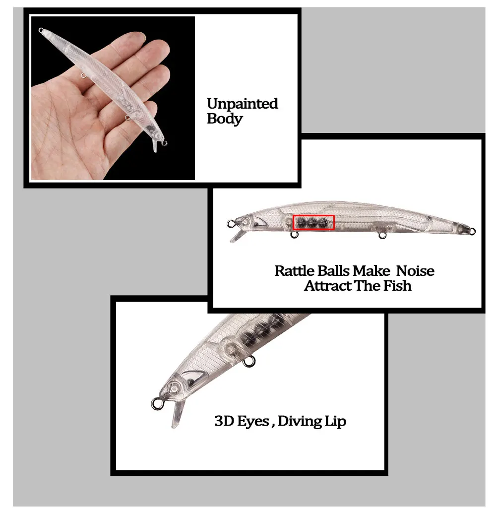 Chan'sHuang-Cebo en blanco sin pintar, 10 piezas, 130mm, 12,5g, 4 anillos divididos, sonajero, piscardo, señuelo de pesca Artificial hecho a mano - imagen 5