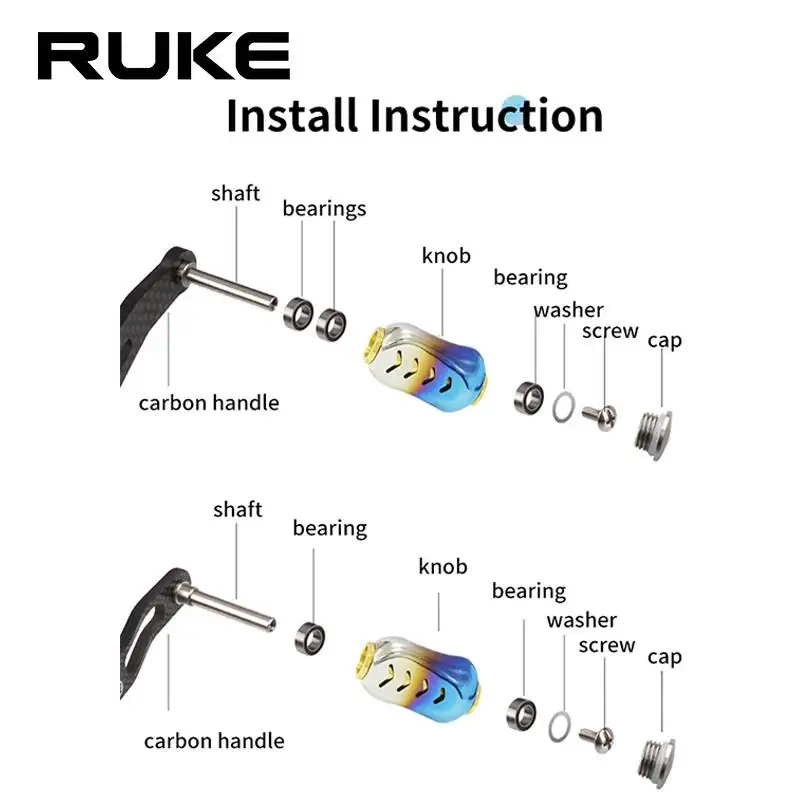 Ruke nuevo 1 pieza de mango de carrete de pesca perilla de aleación de aluminio traje D/S longitud 35mm 8,8 g incluye 2 uds rodamientos 4 Uds arandelas accesorio DIY - imagen 5