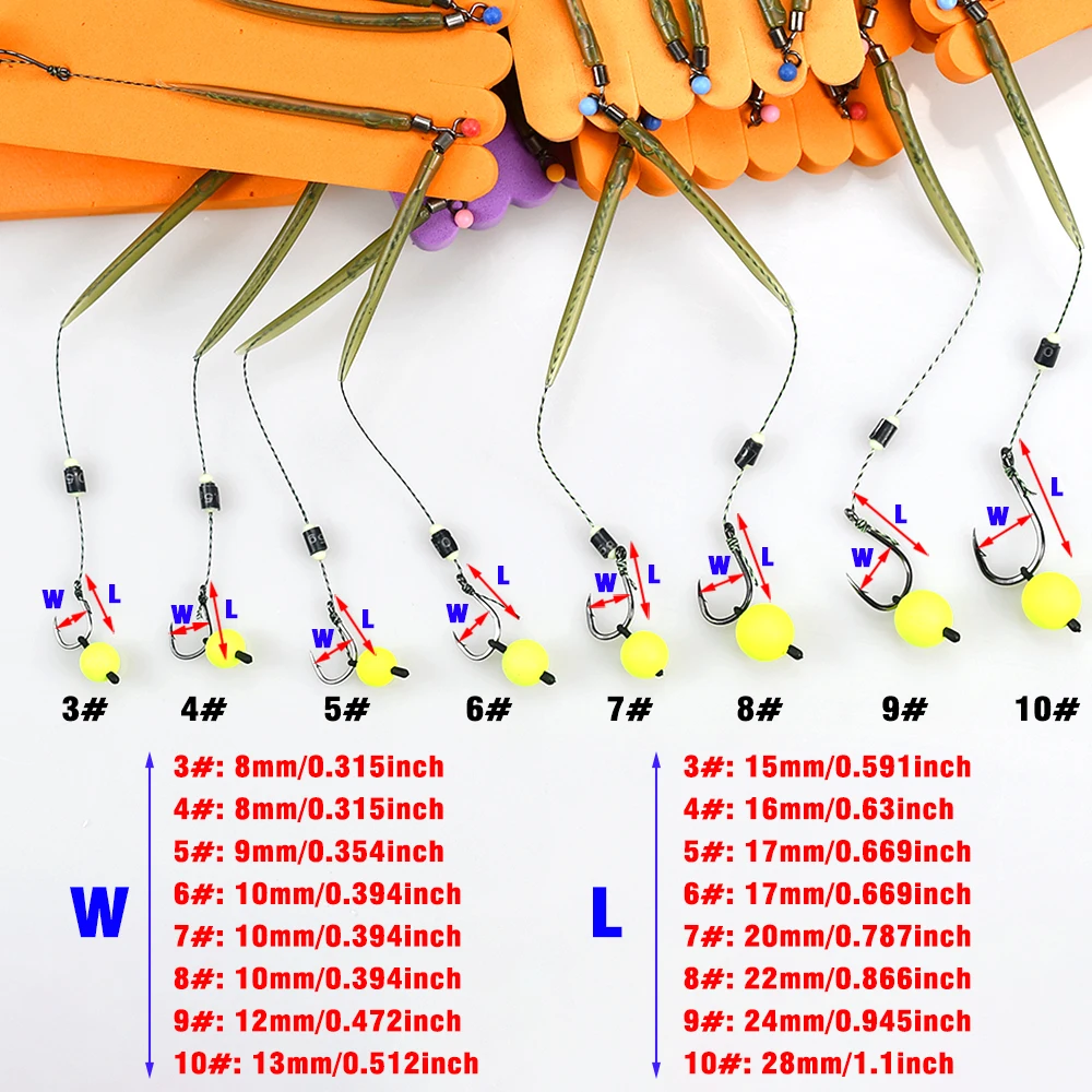 3 juegos de aparejos de pesca de carpa, anzuelos para el cabello listos, tamaño 3 # -10 #   Aparejos de señuelo de pesca con anzuelo de pesca para pesca de carpa - imagen 5