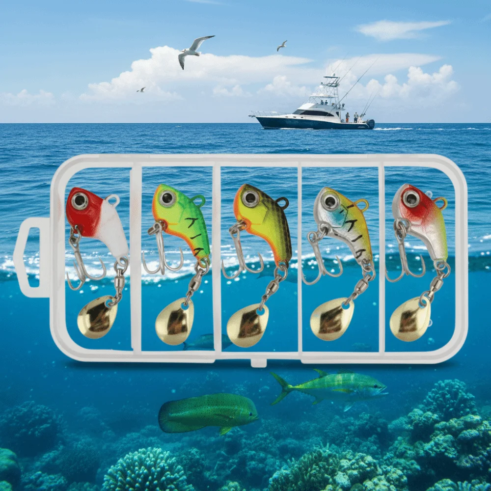 5 Piezas de Señuelos de Pesca Artificiales Giratorios con Purpurina, Señuelos Vibratorios con Caja, Kit de Señuelos de Pesca, Señuelos Giratorios Coloridos, Anzuelos de Pesca - imagen 2