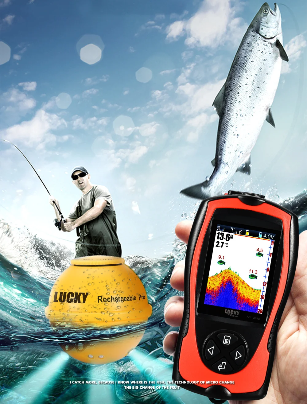 Pantalla del localizador Lucky Sonar FF1108-1CWLA mostrando lectura de profundidad