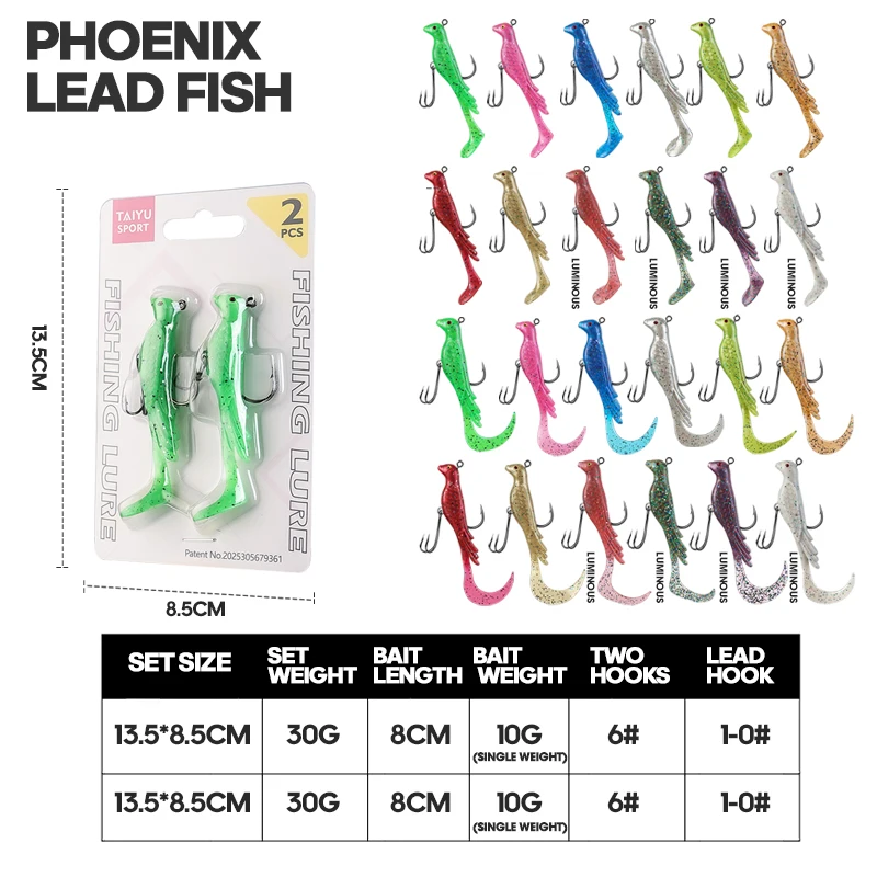 TAIYU 2 uds Phoenix Bird señuelo de pesca suave multicolor ondas grandes enrolladas señuelo de pesca falso para agua salada/cebo de pesca de agua dulce - imagen 5