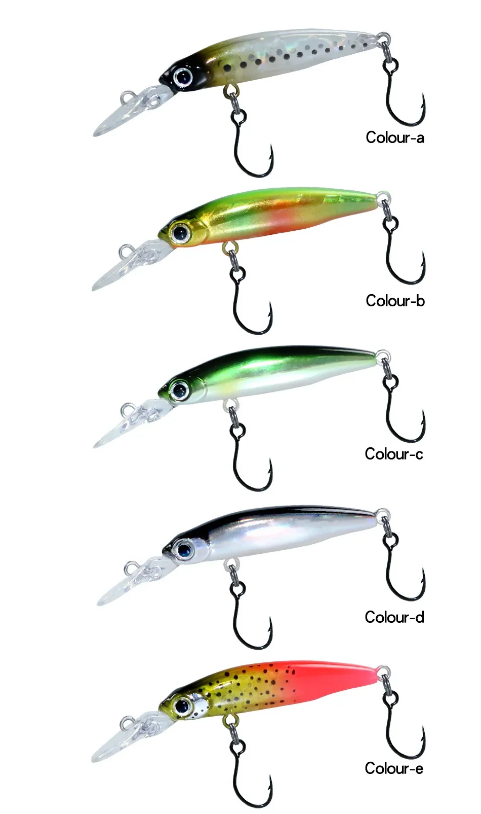 Una fila de señuelos de pesca con diferentes colores y tamaños.