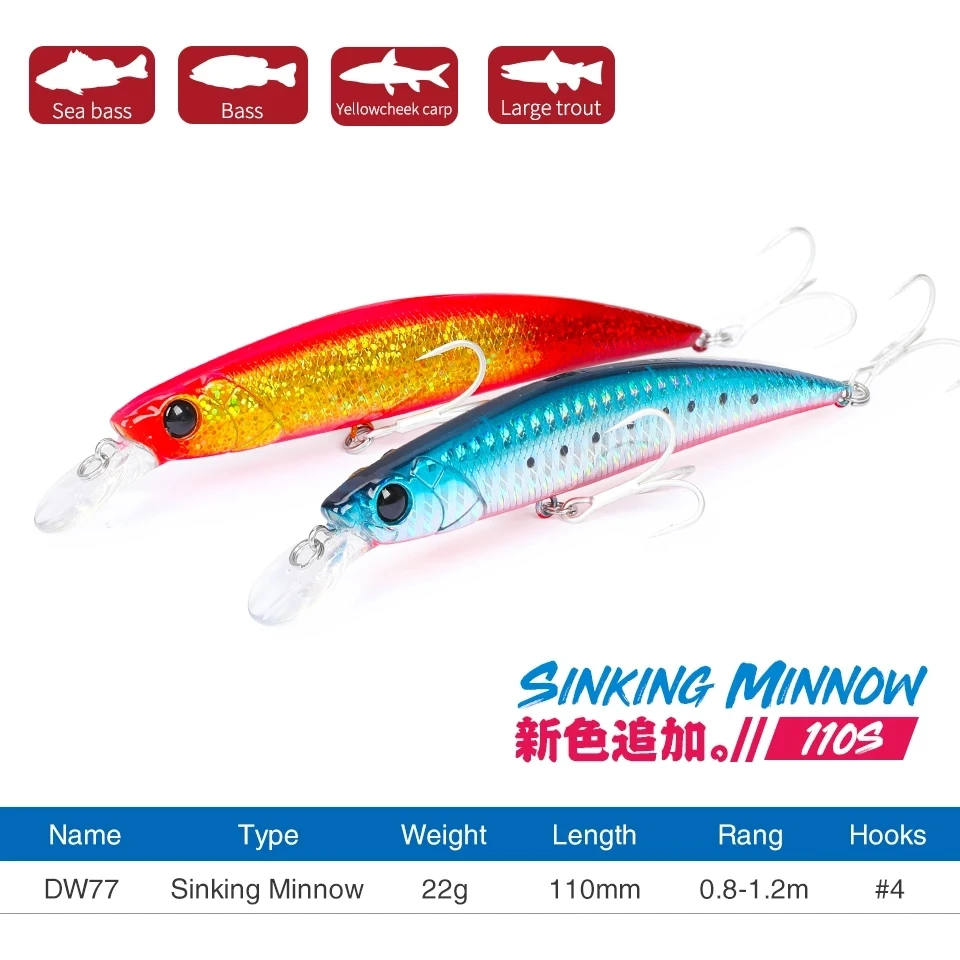 TSURINOYA 8 Uds nuevo Color hundimiento Minnow señuelo de pesca DW77 110MM 23g fundición larga trucha grande lubina agua salada cebo duro Wobble - imagen 5