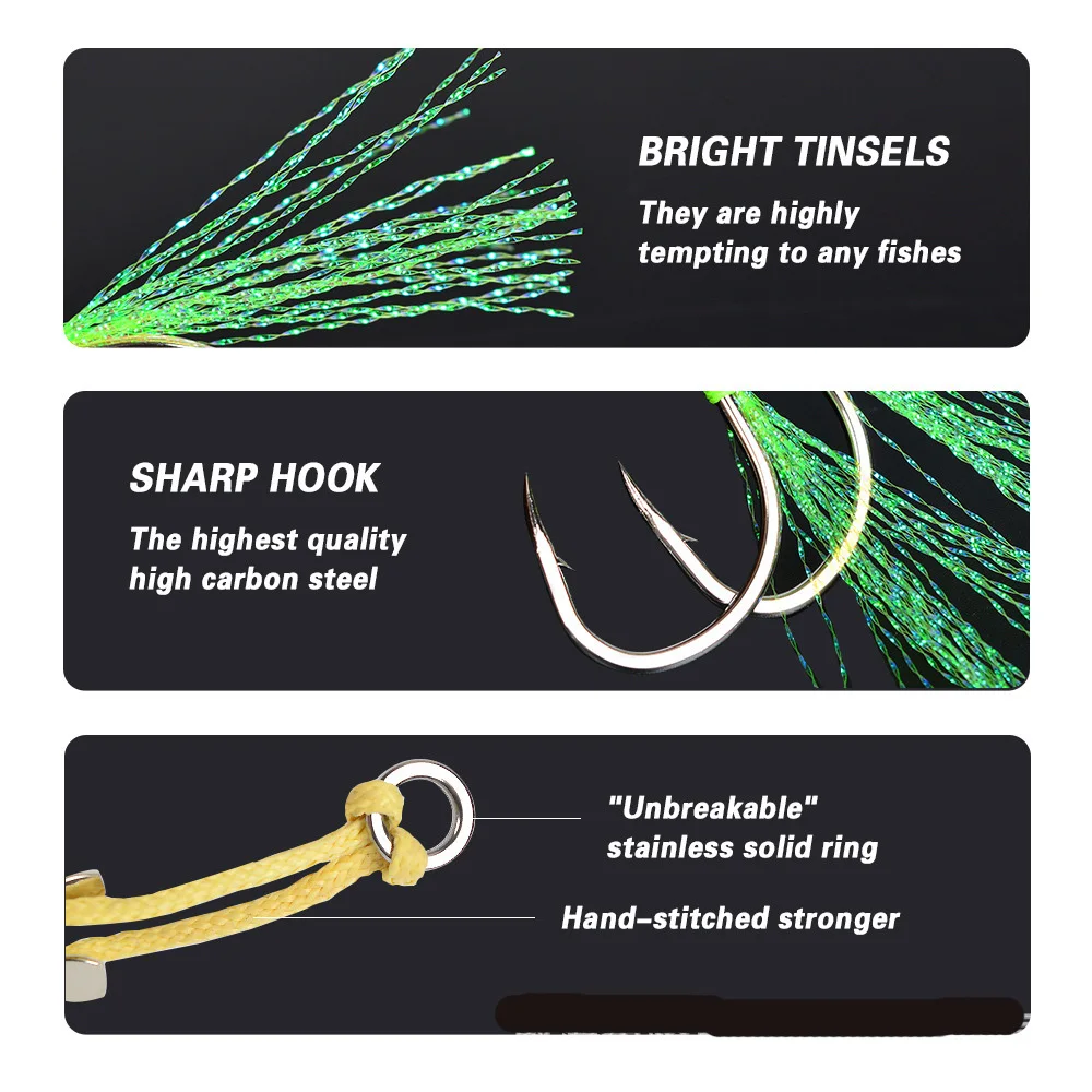 Anzuelos de asistencia de púas dobles, accesorios de señuelo de pesca de acero de alto carbono, anzuelos de Jigging lento, anzuelos de señuelo de plantilla brillante, 2 pares/bolsa - imagen 4