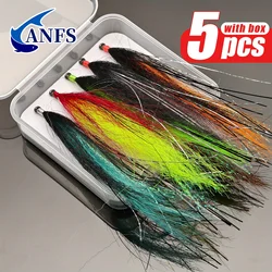 ANFS 5 uds Streamer Fly colores surtidos con caja de almacenamiento-cebos de pesca con mosca para pesca de trucha, salmón, Lucio y lubina