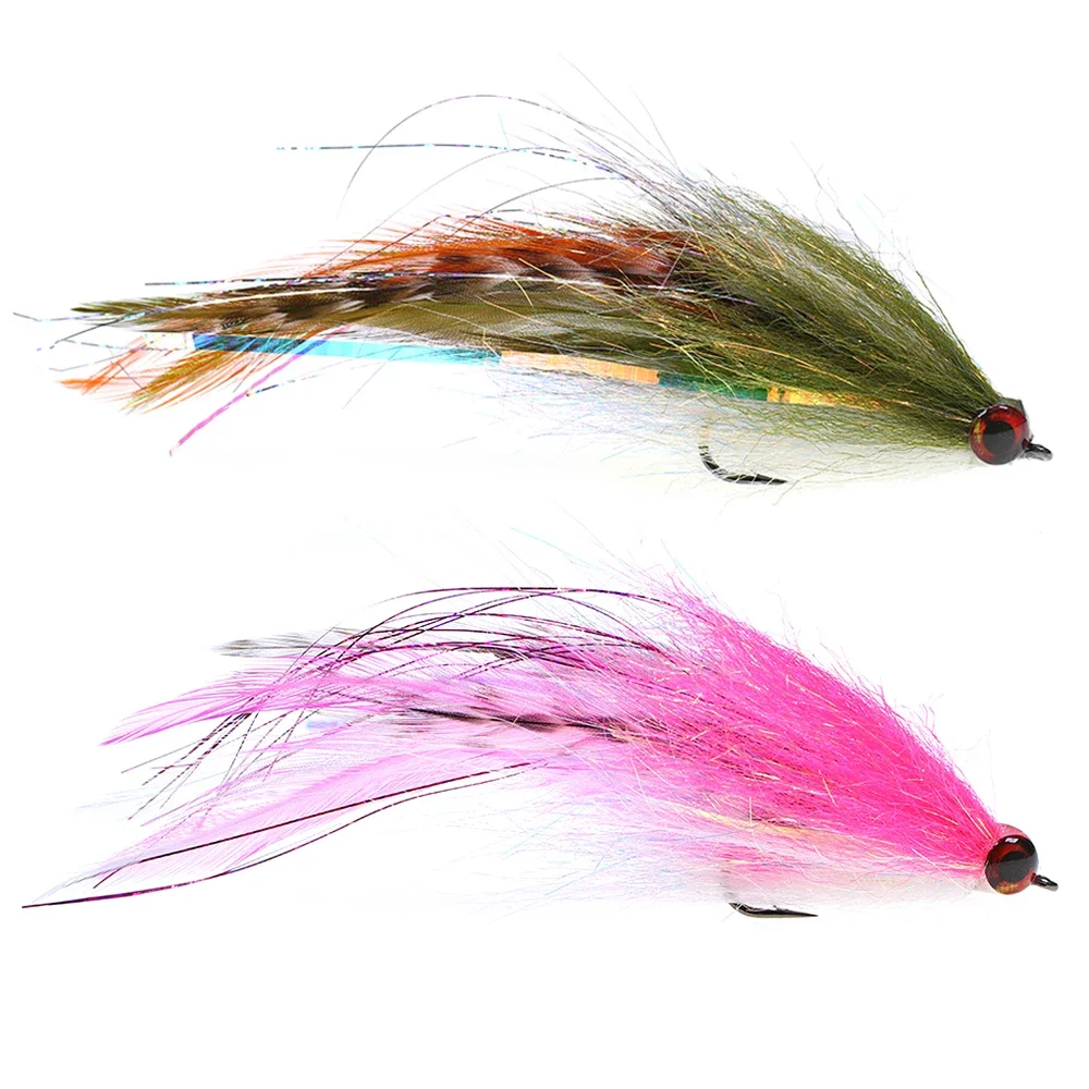 Ellllv 5,5 ′′ Streamer Pike Fly Grizzly Saddle Hackle ojos 3D 2/0 Stinger Hook Big Baitfish señuelo para lubina especie de agua salada almizclada - imagen 5