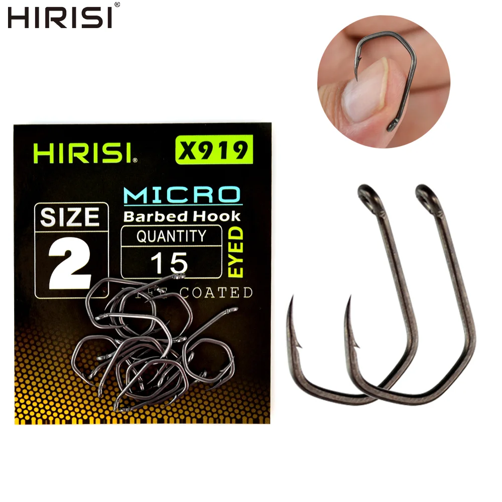 Hirisi X919 15 Uds anzuelo de pesca de acero rico en carbono recubierto de PTFE Micro púas con ojo accesorios de anzuelo de pesca de carpa
