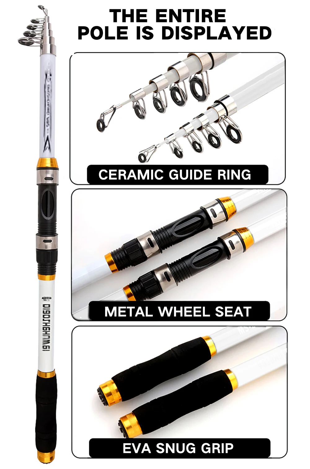 La ligera caña de pesca duradera presenta un anillo de guía de cerámica, asiento de la rueda de metal y agarre ergonómico de EVA para un mejor rendimiento y comodidad