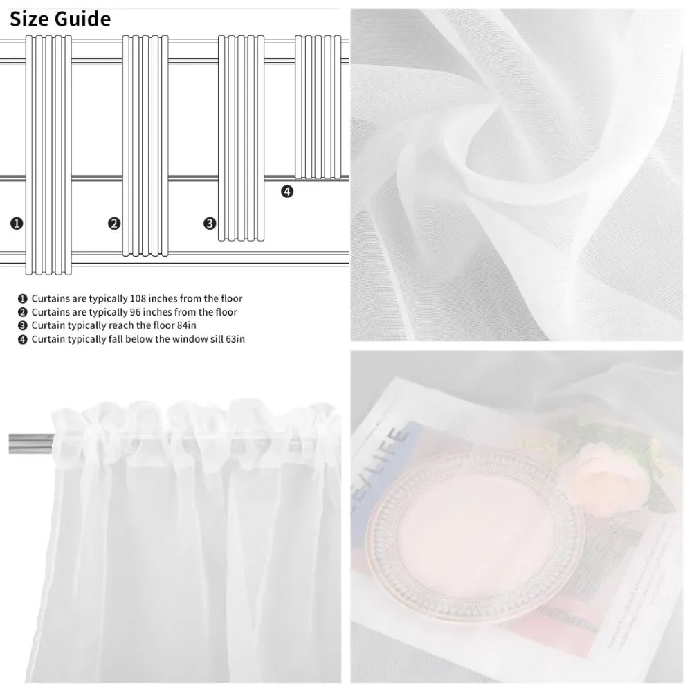 Cortinas transparentes de 132CM de ancho, juego de 2 paneles, cortinas transparentes de tubo para sala de estar, dormitorio, barra de bolsillo, cortinas de Panel transparente de gasa - imagen 4
