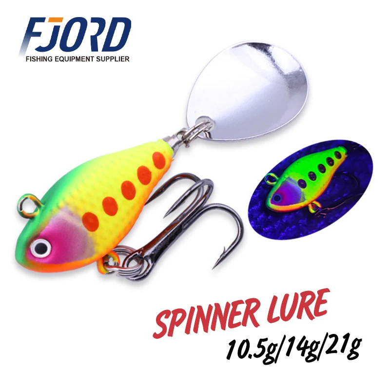 FJORD Spinner 10,5g 14g 21g señuelo de pesca cola de lentejuelas giratoria efecto UV superficie Vib Jig cebos artículo de pesca de agua dulce y salada