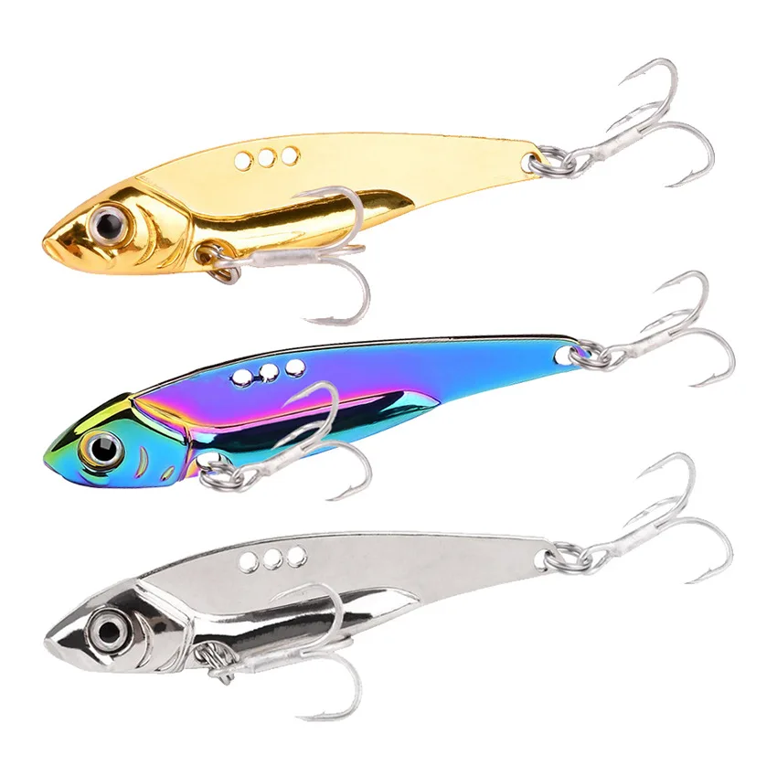 1 Uds 25G/15G/10G/7G 3D ojos azules y amarillos hoja vib de Metal señuelo de pesca hundimiento vibración cebos Artificial Vibe Bass Pike perca