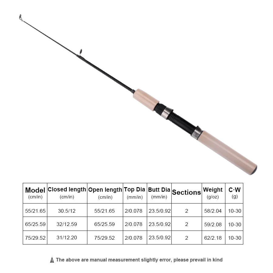 FTK caña de pescar en hielo, accesorio telescópico de fibra corta para agua dulce y salada, 55/65/75cm, para invierno - imagen 3