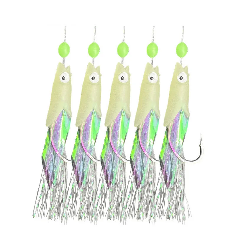 1 Set 5 Haken Sabiki Rigs Zoutwatervissen Lokt Aas Echte Vis Huid String Haak Makreel Glow in The Dark Flash Sabiki Rigs - imagen 5