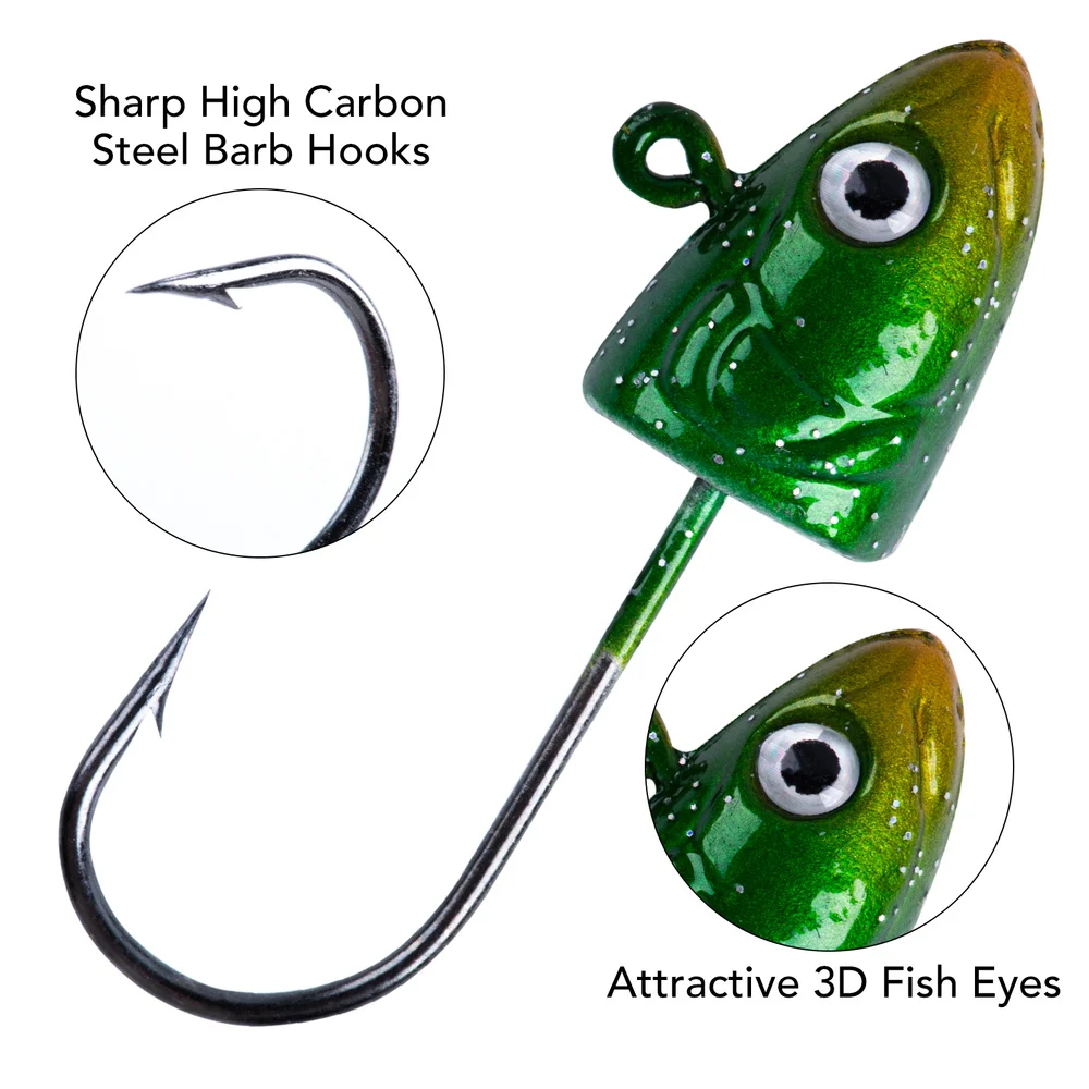 Goture-anzuelos de cabeza de plomo para pesca, lote de 8 unidades, 3,5g, 5g, 7g, 10g, anzuelos de púa de acero de alto carbono, tipo pez con ojos de pez 3D - imagen 3
