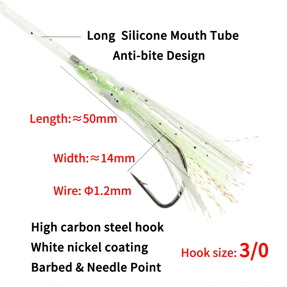 Lionriver-faldas de calamar luminosas con anzuelo 3/0, señuelo de pesca antimordedura de línea Mono para agua salada, caballa, arenque, Saury, 10 unids/lote por bolsa - imagen 3