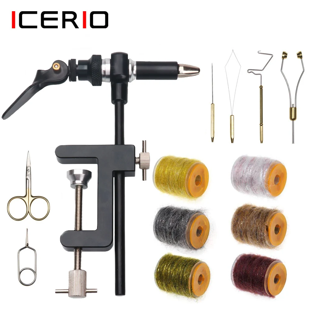 ICERIO-Kit de herramientas de atado de moscas, tornillo de acero endurecido, soporte de bobina, enhebrador, Señuelos de Pesca, hilo de insectos sucios