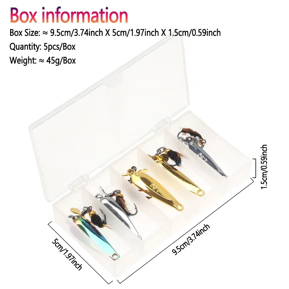 Bimoo-señuelo de Metal con lentejuelas para pesca, conjunto de señuelos de trucha, lubina, cebo para insectos, gusano, moscas, cuchara giratoria, 5 unids/lote por caja - imagen 5