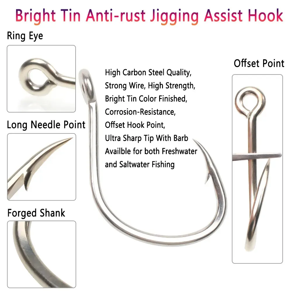 Bimoo-anzuelos de acero de alto carbono para agua salada, señuelo de púas, anzuelo de asistencia para Jigging, 10 piezas, 2/0, 3/0, 4/0, 5/0 - imagen 4