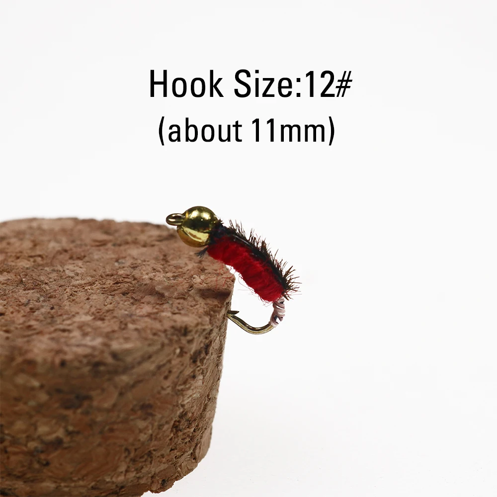 ICERIO-Señuelos de Pesca de ninfas Rojas, cable peludo, cabeza de cuenta Caddis, Mosca, trucha, #14, 12 piezas