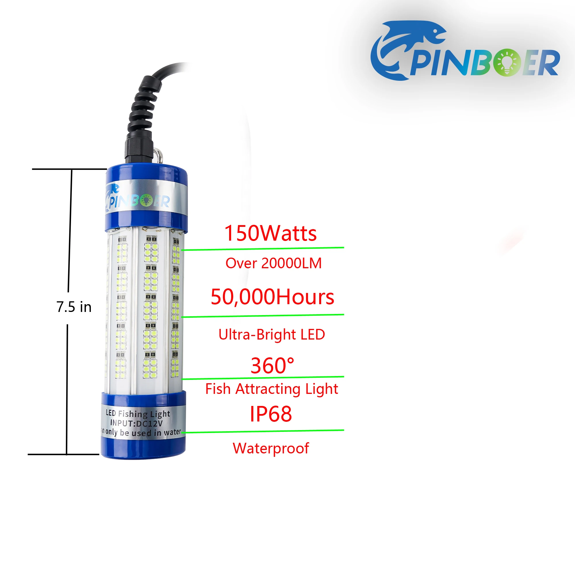 Pinboer-luz de pesca submarina, 150W, DC12V, 20000LM, verde, blanco, sumergible, LED de alta potencia, señuelo, cebo y lámpara buscador, atractivo - imagen 3