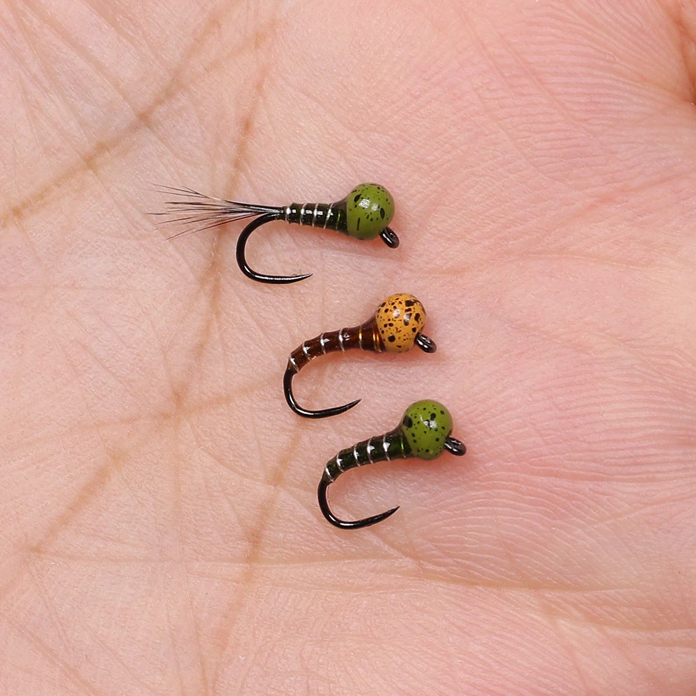 Moscas ninfas Jig marrón oliva moteado con perlas de carburo trucha - imagen 4