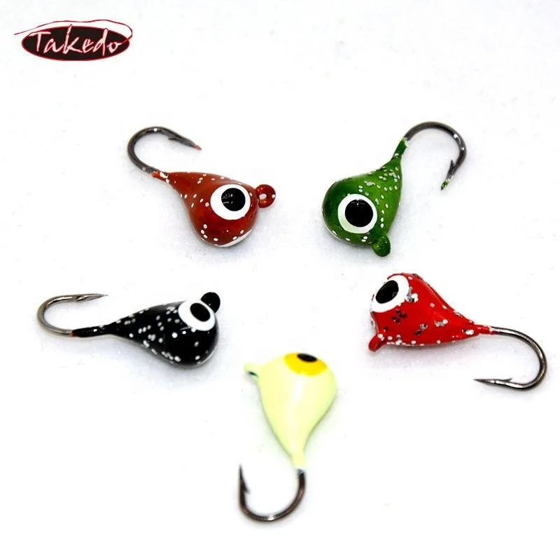 TAKEDO 5PCS Señuelo de pesca en hielo 19MM 2.1G Jig Head Hook 8 #   Anzuelo de pesca en hielo, anzuelos luminosos, ojos grandes, pesca de invierno para carpa - imagen 3