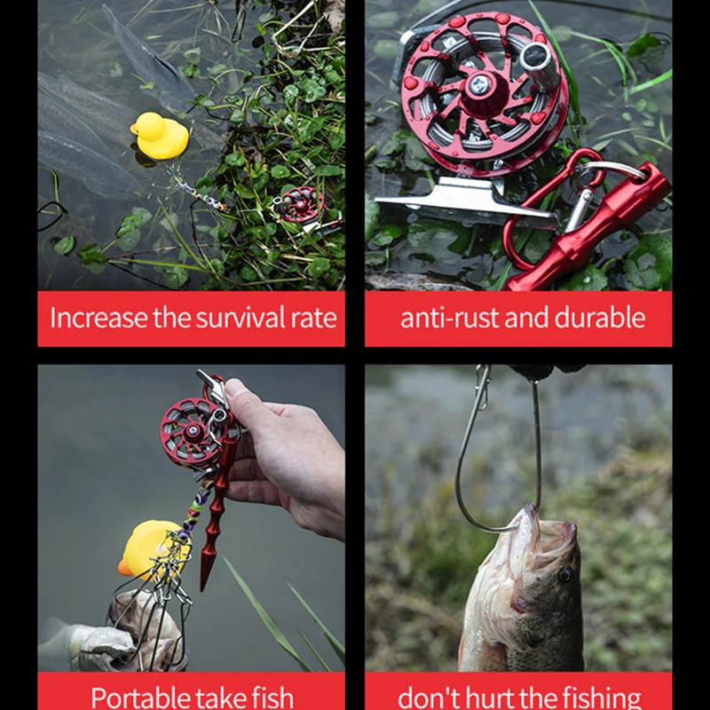 LINNHUE-hebilla de bloqueo de pesca de 8 broches con carrete de mosca, cadena de acero inoxidable de pato amarillo, correa de bloqueo de señuelo de pez vivo flotante - imagen 3