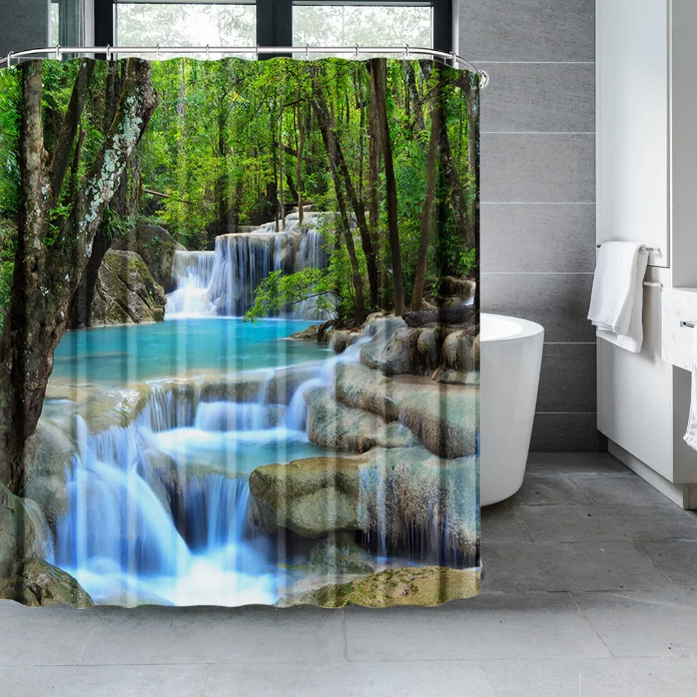 Cortinas de ducha con paisaje Natural de bosque, cortinas de baño con impresión 3d, tela lavable de poliéster con ganchos, pantalla decorativa para el hogar - imagen 5