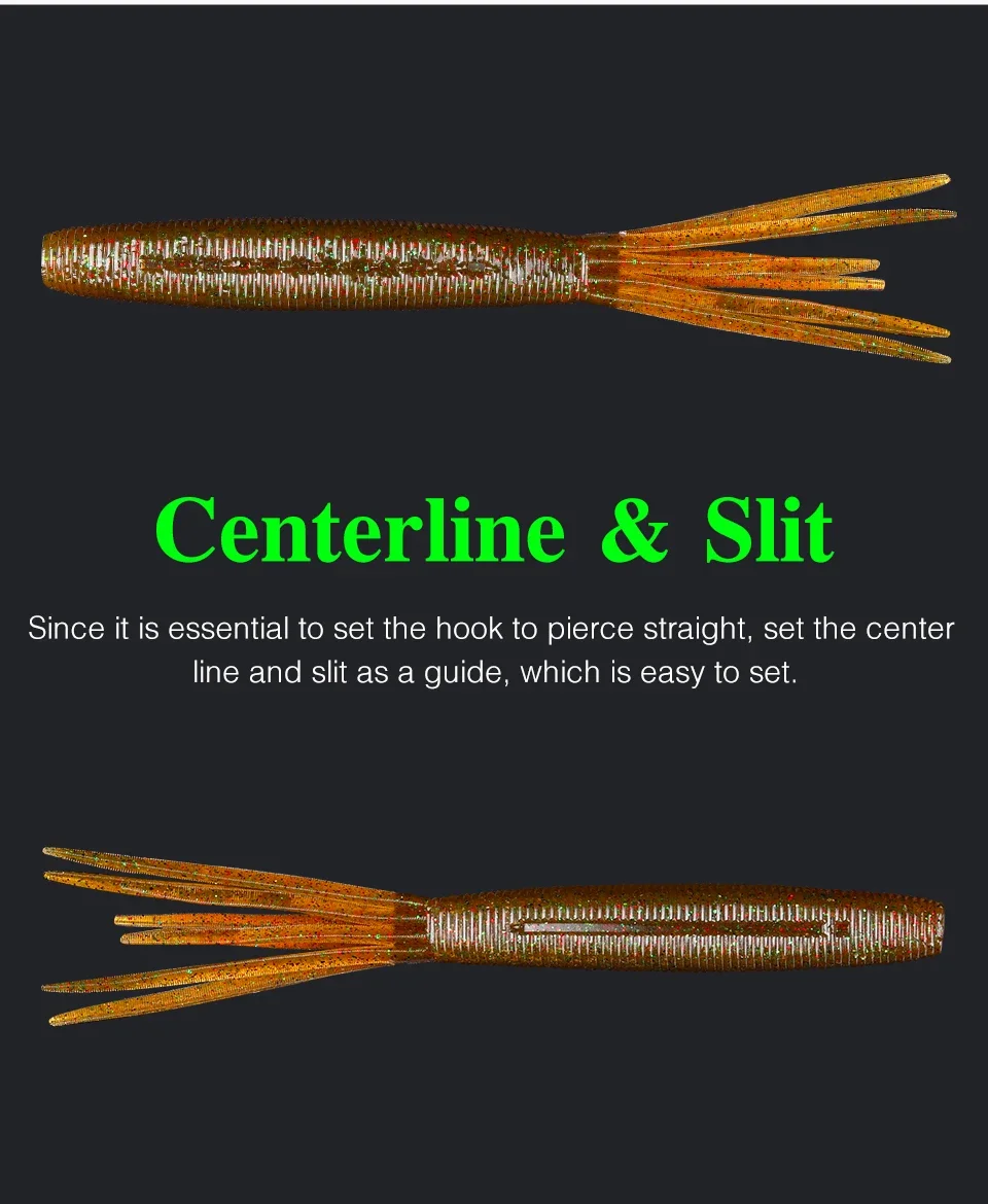 Línea central y hendidura esencial para poner el gancho recto y garantizar una experiencia de pesca suave