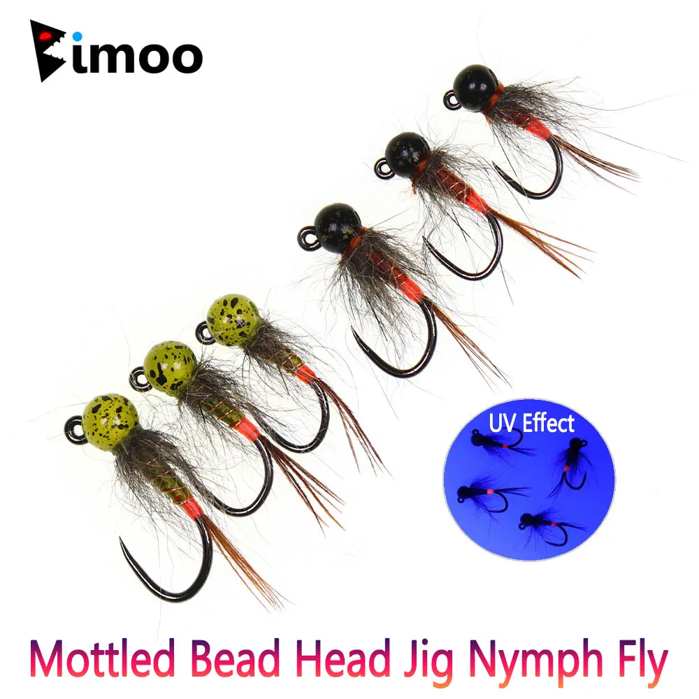 Bimoo 6PCS # 14 # 16 # 18 plantilla moteada con cabeza de cuentas, plantilla sin púas, Ninfa de hundimiento rápido, Perdigon Euro, ninfa húmeda, Señuelos de pesca de trucha, mosca