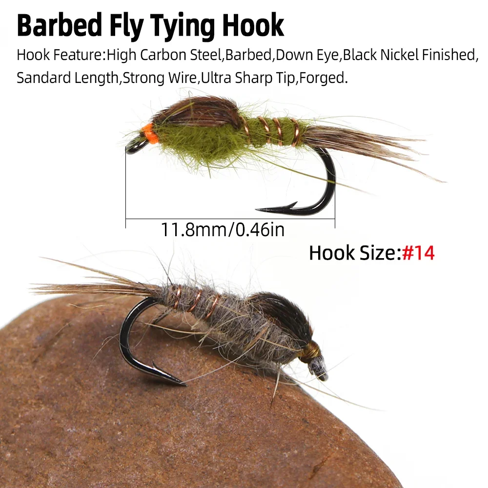 Wifreo 8 piezas de gancho para atar moscas con púas y moscas secas de ninfa de oreja de liebre # 14 cebos para insectos artificiales, señuelos de pesca para trucha, Gryling Bluegill - imagen 4