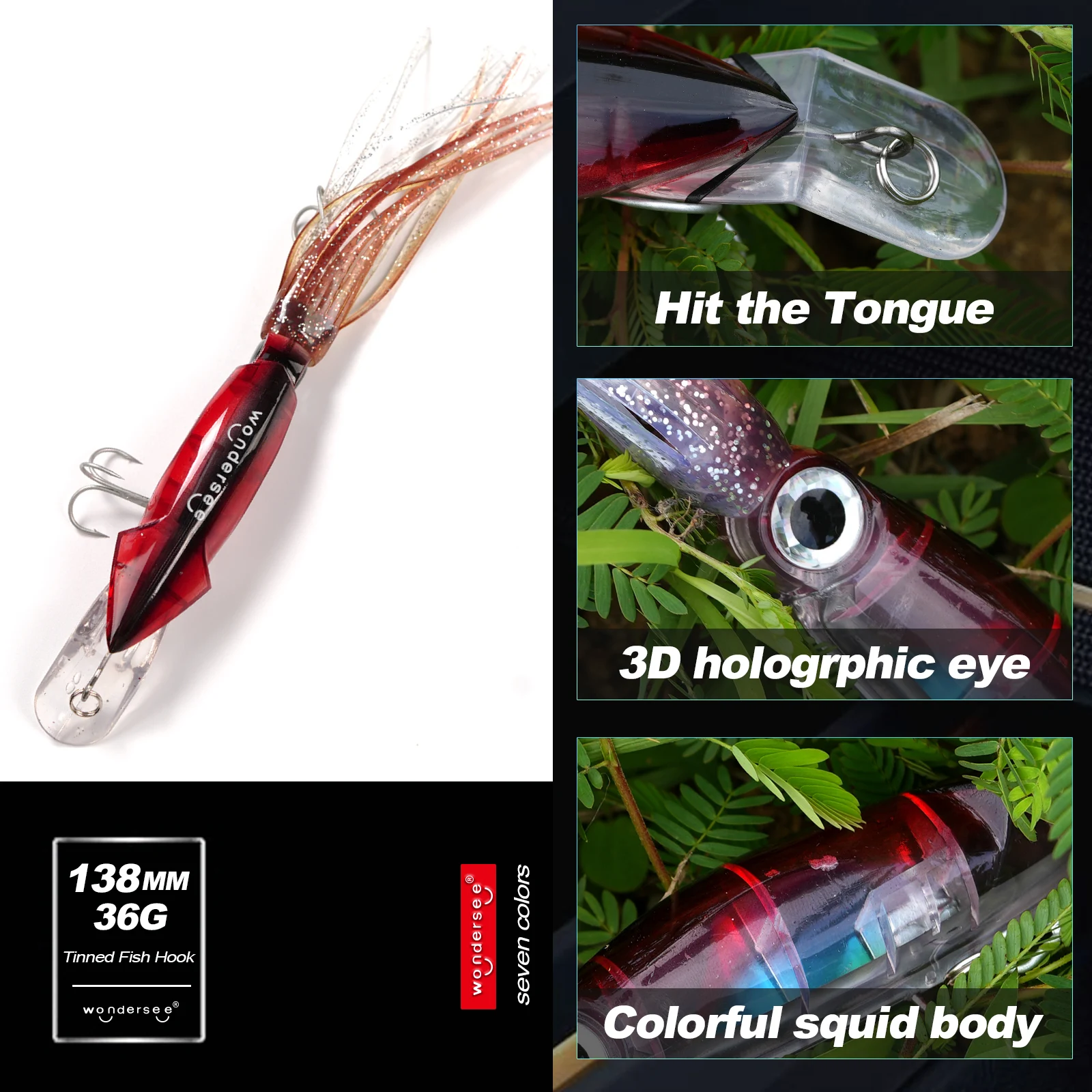 Wondersee 235mm 36g calamar Artificial Señuelos de Pesca duros pulpo cebos de curricán anzuelo triple cebo de pesca de mar biónico al por mayor - imagen 5