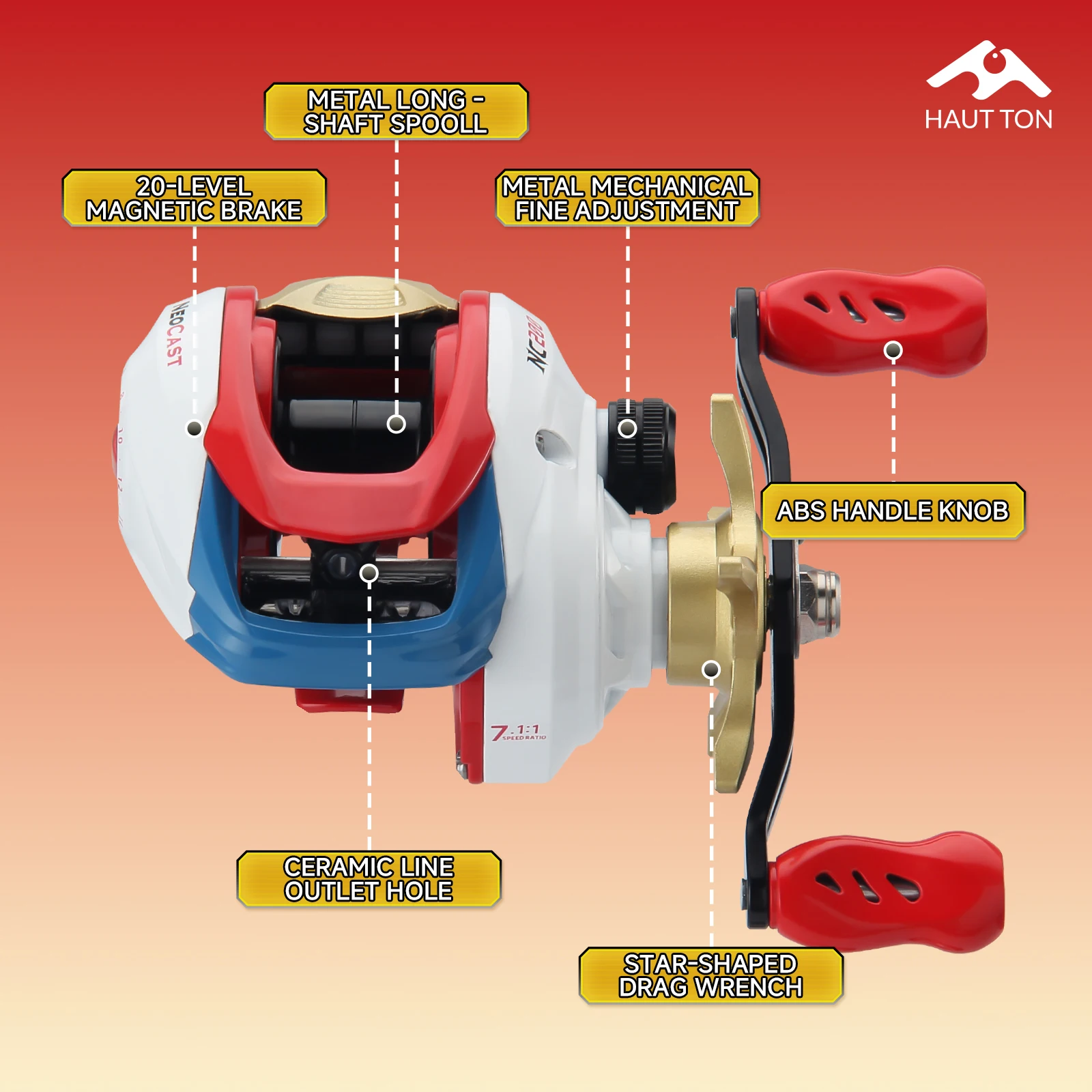 Carrete de Baitcasting HAUT TON NC200, 3 + 1 rodamientos de Metal, relación de engranaje 7,1: 1, arrastre máximo ultraligero de 5KG para carrete de pesca de agua dulce y salada - imagen 2