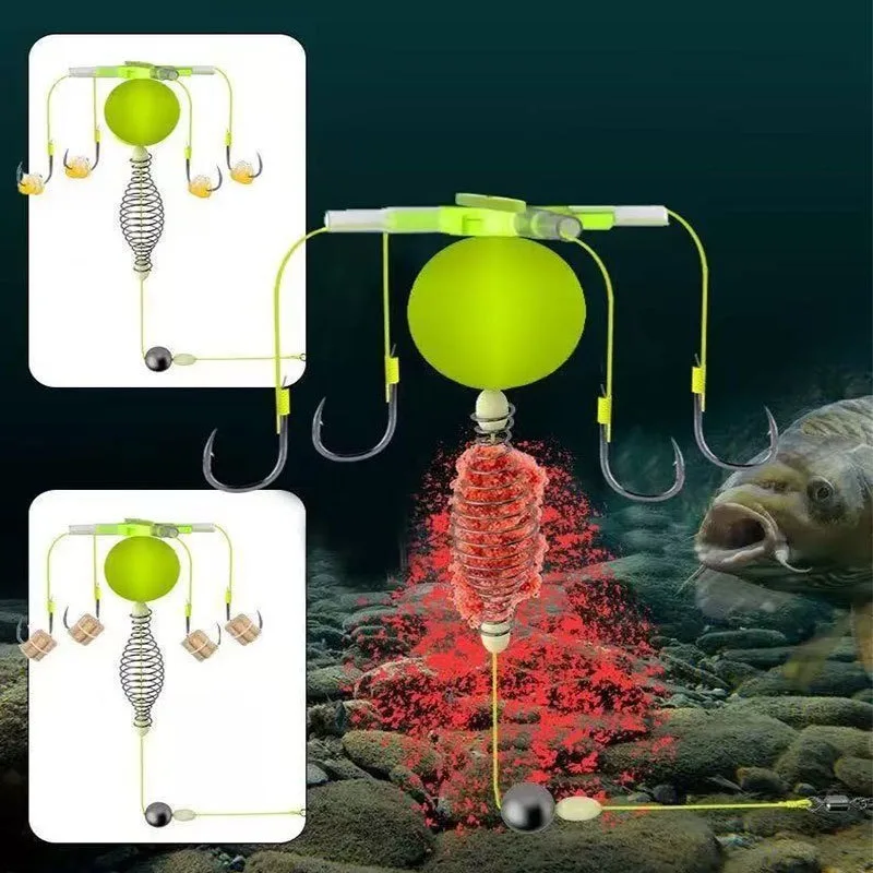 Jaula para cebo de pesca con gancho de cuerda, cuatro ganchos, línea de acero al carbono, alimentador de grupo, flotador de plomo, herramientas para jaula de cebo de primavera, 2025